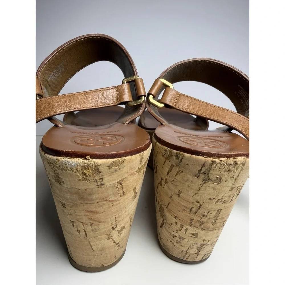Tory Burch Regan Cork Wedge T Logo Brown Leather Sandal's Women's Size 9.5